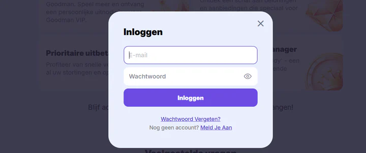 Goodman Casino inlogformulier met e-mail en wachtwoord, een inlogknop en opties voor wachtwoordherstel en registratie