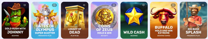 Goodman Casino overzicht van populaire slots zoals Gold Rush with Johnny, Gates of Olympus Super Scatter, Legacy of Dead, Coins of Zeus en Big Bass Splash